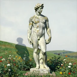 statue colossus textured in color lichen stands in flower garden on hills by henri rousseau masterpiece shadows and highlights mucha beksinski