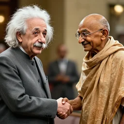 A photo of Albert Einstein shaking hands with Mahatma Gandhi, highly detailed, trending on artstation, bokeh, 90mm, f/1.4