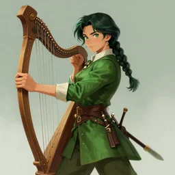 digital art of a non - binary archer dressed in green outfit from the 1 7 0 0 s and holding a harp, trending on deviantart