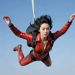 ektachrome, telephoto, highly detailed : incredibly realistic, youthful asian demure parachuting in the sky, exquisite features, feminine cut, photo 1 9 7 0 s frontiers in flight leather suit cosplay fashion, boris vallejo, zhang jingna