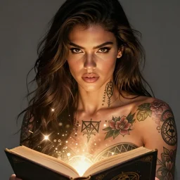 - H 640 close-up face centred portrait Adriana Lima as a female warrior, body covered in floral tattoos and Wiccan runes , open magic book glowing, D&D, fantasy, highly detailed, digital art, fantasy illustration, trending on artstation, smooth, sharp focus, illustration, art by artgem and ROBERT HYNES