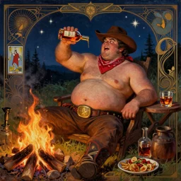 a dramatic, epic, ethereal painting of a !!handsome!! thicc chunky beefy mischievous shirtless !!cowboy!! with a large beer belly wearing a large belt and bandana offering a whiskey bottle | he is relaxing by a campfire | background is a late night with food and jugs of whisky | homoerotic | stars, tarot card, art deco, art nouveau, intricate | by Mark Maggiori (((and Alphonse Mucha))) | trending on artstation