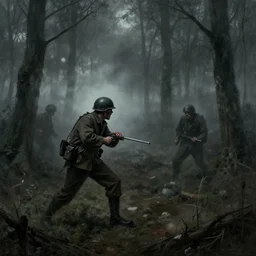 attack zombie during worldwar 2, dark forest, fog, great space, by edward hopper,