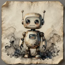 a detailed painting of a cute robot made of alcohol ink on parchment, retro, muted colors