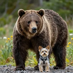 national geographic realistic photograph of a bear and a small dog