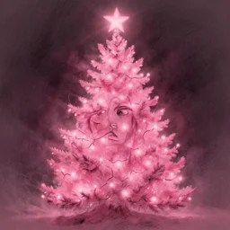 pink christmas tree lights creating a human face, sketch illustration, disney concept art, soft glow, dappled light, portrait art, backlit, indie studio, fantasy, rim lighting, intense, powerful, emotional, powerful, epic composition, noise, texture, rule of thirds, dappled light,