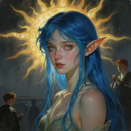stunning, breathtaking, awe-inspiring award-winning concept art nouveau painting of attractive Ashley Liao elf nymph with blue hair and pointy elf ears, as the goddess of the sun, with anxious, piercing eyes, by Alphonse Mucha, Michael Whelan, William Adolphe Bouguereau, John Williams Waterhouse, and Donato Giancola, cyberpunk, extremely moody lighting, glowing light and shadow, atmospheric, cinematic, 8K