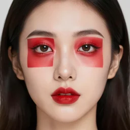 Close up portrait photography of a female with red square makeup