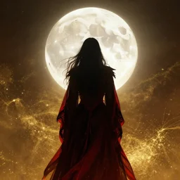 full scenery, golden magical atmosphere, style by eddie mendoza, raphael lacoste, alex ross, red black white golden colors, book cover, sihouette of a dark Witch from behind in front of a full big moon, dramatic lighting, cinematic, realistic establishing shot, extremely high detail, photo-realistic, cinematic lighting, digital restoration, very sharp, high quality, high details, ISO 50, realistic, Artgerm, post processed, realistic concept art, artstation, realistic matte painting