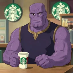portrait of a thanos working at starbucks, studio ghibli style, anime style