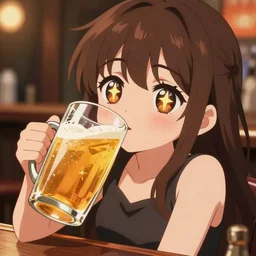 2D Masculine but cute anime girl sitting at a bar, holding a large glass of beer, obviously drunk, camera angle looking up at her, anime, detailed eyes with stars as pupils, warm orange lighting, beautiful scene, extremely detailed face