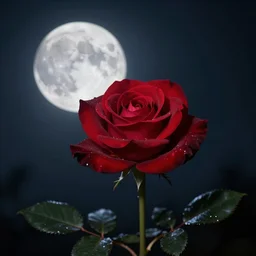 a blood red rose blooming at night under the full moon 8 k hyperrealism