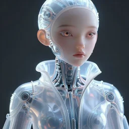 torso of a classy elegant sophisticated very up close portrait of a cute dainty translucent plastic cyborg girl, cyber future jacket, ultra detailed wire decoration, big eye, cinematic volumetric lighting fantasy art by nixeu and guweiz and ilya kuvshinov, sleek curves, intricate sharp focus, trending on artstation hq, deviantart, pinterest, unreal engine 5, 4 k uhd image