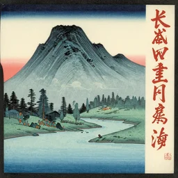 a painting of a mountain and a river, a woodcut by kawase hasui, pinterest, shin - hanga, ukiyo - e, woodcut, concert poster