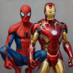 photorealistic, hyperdetailed oil painting of spider - man and iron man hybrid