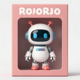 cute little robot inside action-figure box, photo