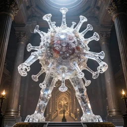 inside the temple of the virus god cult. large crystalline statue of a t 7 bacteriophage dominates the scene