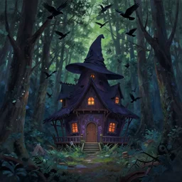 a scary lonely witch's hut in the forest a lot of crows circling from above the view at the foot rule of thirds golden ratio, fake detail, trending pixiv fanbox, acrylic palette knife, style of makoto shinkai studio ghibli genshin impact james gilleard greg rutkowski chiho aoshima