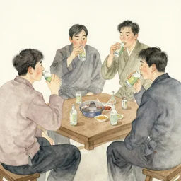 watercolor of korean men drinking alcohol by charles e. burchfield