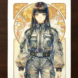 a watercolor portrait illustration by sui ishida and alphons mucha of an anime girl as a vampire highly detailed anime eyes wearing streetwear pilot suit lots of zippers, pockets, synthetic materials, jumpsuits by issey miyake and balenciaga 8 k