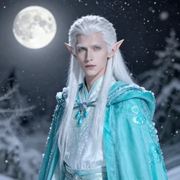 portrait of a handsome pointy - eared male snow elf in a turquoise cape, albino skin, pointy ears, mid - shot, moonlight snowing, ethereal opalescent mist, winter vibes, perfect face, elegant, very coherent symmetrical artwork, by greg rutkowski, alphonse mucha, charlie bowater, trending on artstation