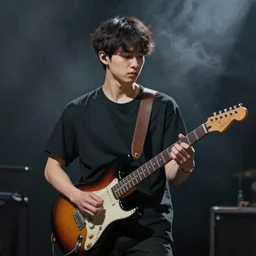 a young korean man wearing black t shirt playing electric guitar on dark stage, dramatic lighting and smoke, matte colors, thought provoking, by conrad roset, dramatic painting, trending on artstation