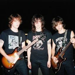 greg rutkowski painting of an anime metal band photo, direct flash photography at night, film grain