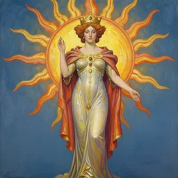 full body, front pose, painted, portrait, queen, of the sun, studio light, ultra - fine detail, art nouveau, in the style of joe wilson, and laurie greasley, vibrant colors, smooth gradients, high contrast, depth - of - field, aperture f 1. 2