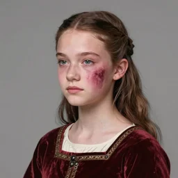 eighteen year old medieval girl, pretty but with a port - wine stain birthmark covering one side of her face, pale, unhappy expression, photography, award - winning, close up, shallow depth of field, highly detailed, dark hair, realistic, forest background