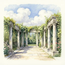 delicate marble in a botanic garden, stony, puffy clouds, botanical herbarium paper, watercolor colored painting and pencil, iridescent colors, 8 k, realistic shaded, fine details, artstation, italian, colonnade, vines, flowers, gardena architecture, pompeii
