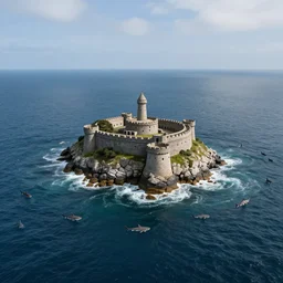 a stronghold on an island in the middle of the sea, encircled by sharks, 4 k, award winning