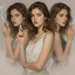 handsome young women with shoulder length brown hair, smoke, foggy, half body shot, path traced, highly detailed, high quality, digital painting, alena aenami, lilia alvarado, shinji aramaki, karol bak, alphonse mucha, tom bagshaw