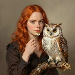 emma stone with an owl, artwork by charles addams,