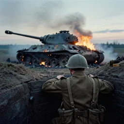an analog photograph of a ww 2 soldierfrom behind in a trench. in the background there is a burned down sherman tank with smoke and fire at dusk. christopher nolan style. cinematic!! shot. cinematography. detailed. hq. in - frame. imax. anamorphic film. anamorphic bokeh!!!. kodak. helios 4 4 m.