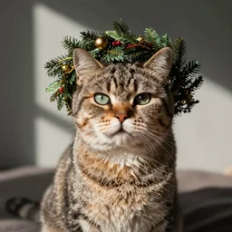 cat with a wreath on its head