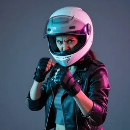 pretty angry woman in full face motorcycle helmet and leather jacket with sleeves rolled up in a fighting stance with fingerless gloves in cyan and pink lighting
