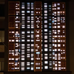 It's 1:40 am and you get this great effect with the wall of the hotel across from ours. The whole vertical plate of waffles. The Goliath checkerboard. Certain squares emanate a flickering light--this indicates a TV on in an otherwise lightless room. Some bob in unison, on the same channel. Swathes of bobbing synchrony. Tomorrow, they will dine together in PJs and drab mess halls. They will never know they shared this flickering dance.