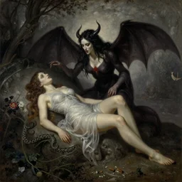 A succubus visits the dreamer by Gustave Doré, oil painting,