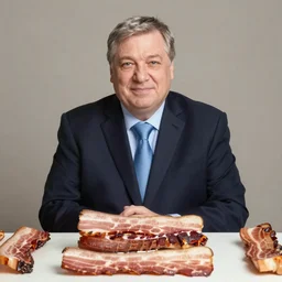 portrait of romantic viktor orban sitting behind a table full of bacon