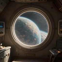 spaceship interior with a round window with a view on a planet, fantasy, natural light, concept art, by greg rutkowski, cozy atmospheric and cinematic lighting, trending on artstation