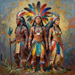 a sculpture of mythical creatures, made of colorful feathers, half inca warrior, amazonian messenger of a new generation, hannah yata, visionary art, shamanic art, concept art, award winning acrylic painting, ambient occlusion, unreal engine 5,