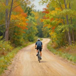 a painting of a person riding a bike down a dirt road surrounded by colorful trees, a detailed matte painting by julian onderdonk, cgsociety, photorealism, reimagined by industrial light and magic, unreal engine 5, unreal engine
