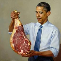 oil painting of Barack Obama holding ham meat, 1960s