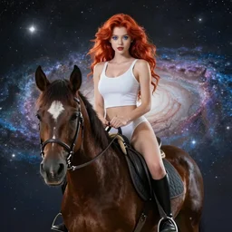 full body sexy girl with red hairs and blue eyes and long hairs riding horse a front of galaxy