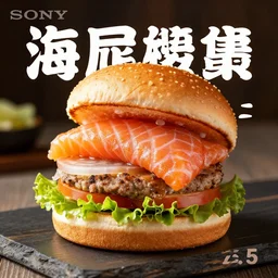 a deluxe salmon sashimi burger, food advertisement, sony a 7 iii, f 3. 5