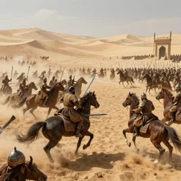 detailed matte painting by greg rutkowski : old islam army about to enter a war with swords, realistic, fighting, horses, desert, 8 k detailed, artstation, cinematic color scheme, highly detailed scene