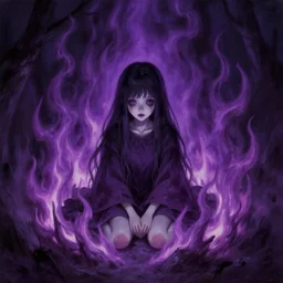 young creepy girl sitting inside circle of dark !!!purple fire!!!, painted by raymond swanland, little nightmares, detailed,