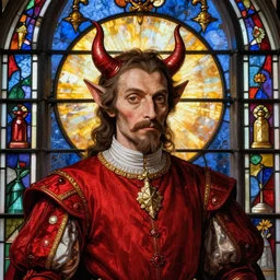 Regal portrait of the Devil in red doublet, stunning stained glass window by Hieronymus Bosch.