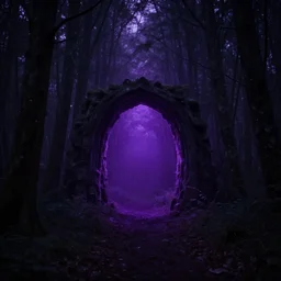 purple portal inside the dark forest, glowing, vibe, unsettling atmosphere, stressfull, cinematic, epic, high detail