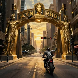 cyborg rides a motorcycle down gotham city art deco highway, goliath statue support beams, ayn rand raised highway, filiment buld traffic lights, golden light, dark oil painting, global illumination